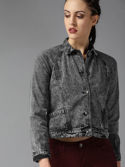 

Roadster Women Charcoal Grey Washed Denim Jacket