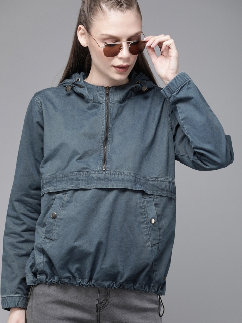 

Roadster Women Navy Blue Solid Hooded Tailored Jacket