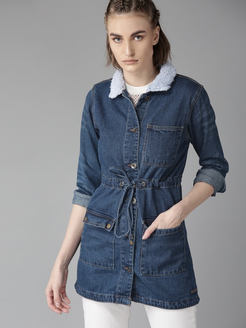 

Roadster Women Navy Blue Solid Longline Denim Jacket