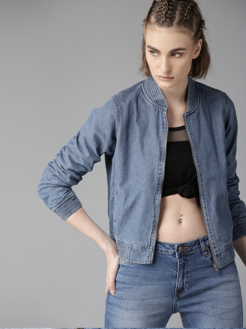 

Roadster Women Blue Solid Denim Bomber Jacket