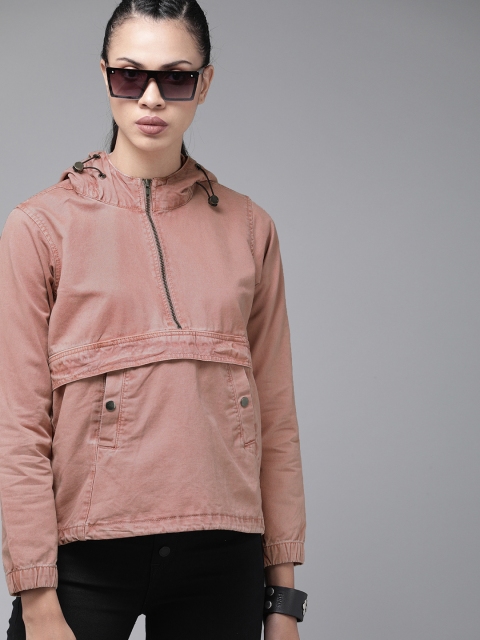 

Roadster Women Pink Solid Hooded Denim Jacket