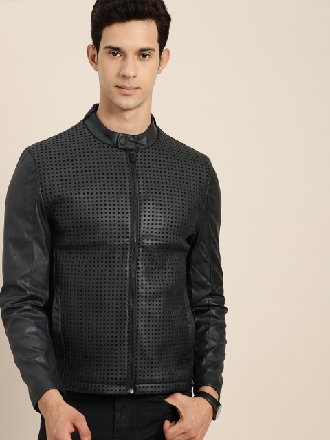 

INVICTUS Men Black Self Design Biker Jacket