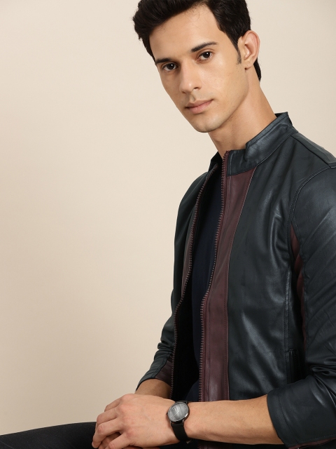 

INVICTUS Men Navy Blue & Burgundy Colourblocked Biker Jacket