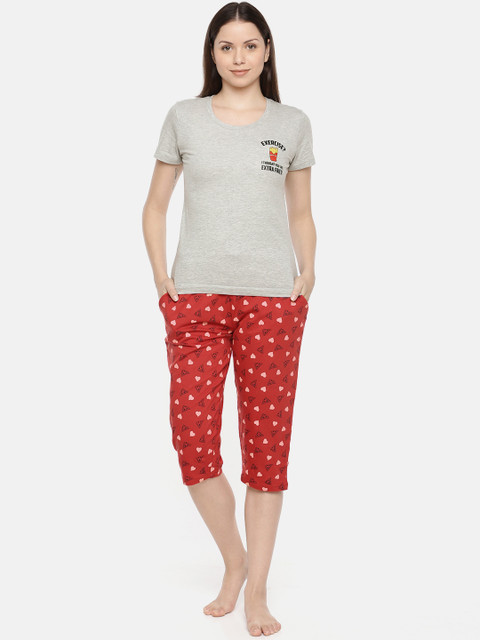 

Slumber Jill Women Grey Melange & Red Solid Night suit FS-041