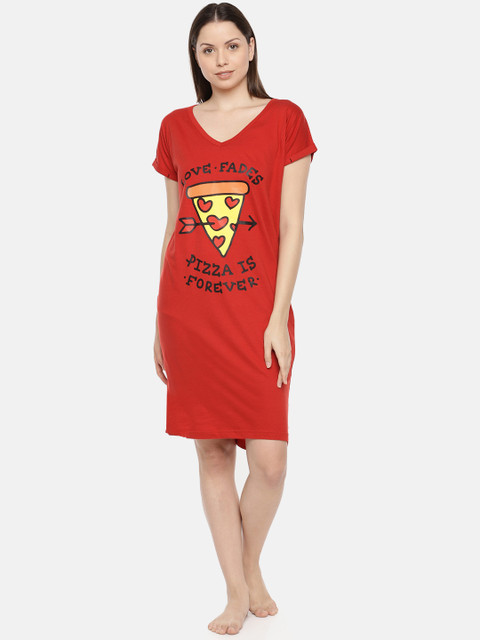 

Slumber Jill Women Red Printed Loose Fit Sleep Shirt