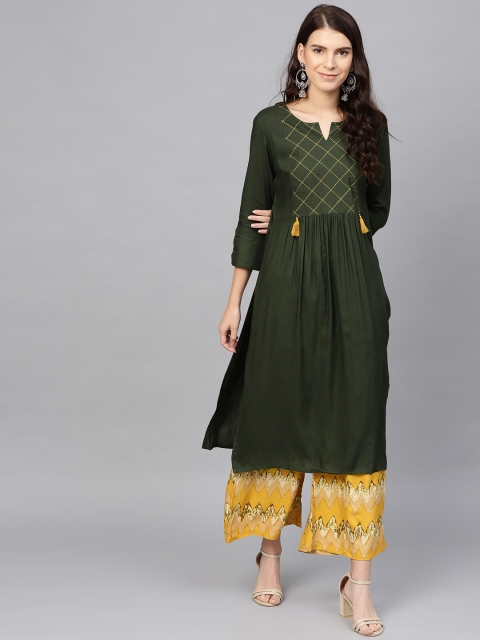 

Yufta Women Green & Mustard Yellow Yoke Design Kurta with Palazzos