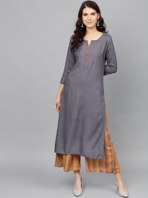 

Yufta Women Grey & Orange Yoke Design Kurta with Palazzos