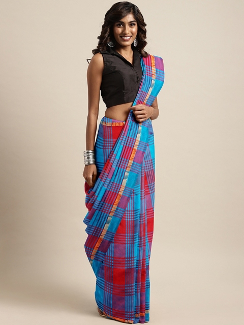 

The Chennai Silks Teal Blue & Red Polycotton Checked Kovai Saree