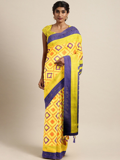 

The Chennai Silks Yellow & Purple Satin Printed Banarasi Saree