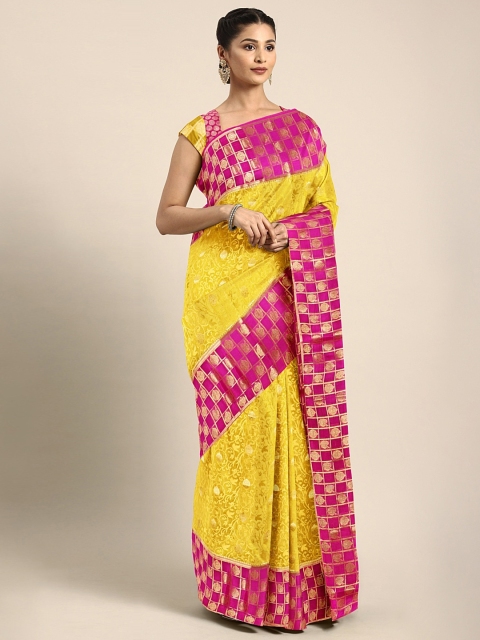 

The Chennai Silks Classicate Mustard Yellow & Pink Crepe Woven Design Mysore Silk Saree