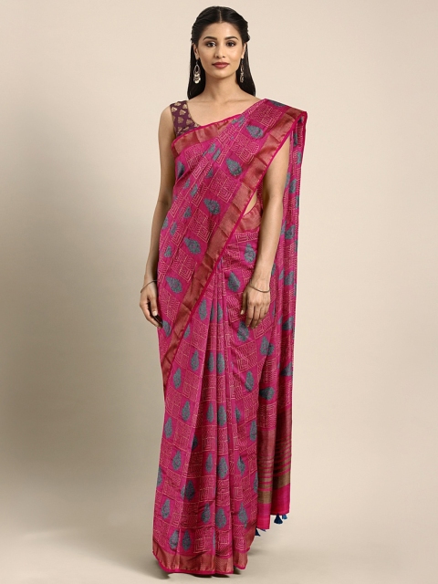 

The Chennai Silks Magenta Pink & Green Jute Silk Embroidered Banarasi Saree