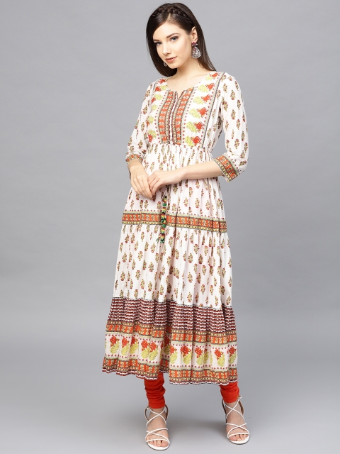 

Rain & Rainbow Women Off-White & Yellow Floral Printed Tiered Anarkali Kurta