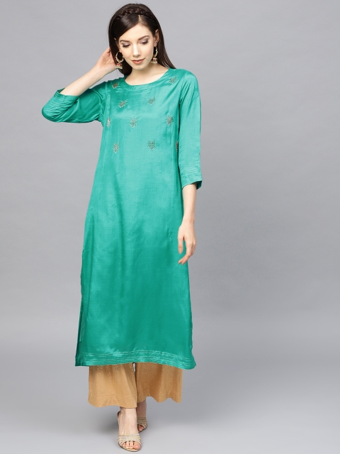 

Rain & Rainbow Women Green Yoke Design Straight Kurta
