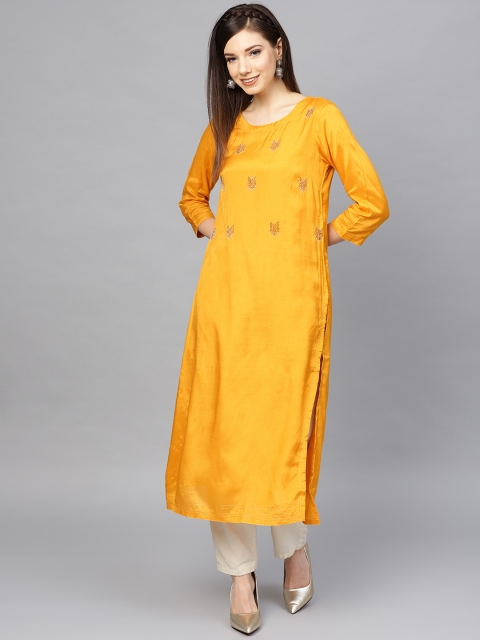 

Rain & Rainbow Women Mustard Yellow Yoke Design Straight Kurta