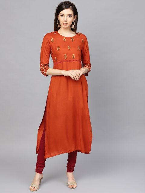 

Rain & Rainbow Women Rust Orange Yoke Design Straight Kurta