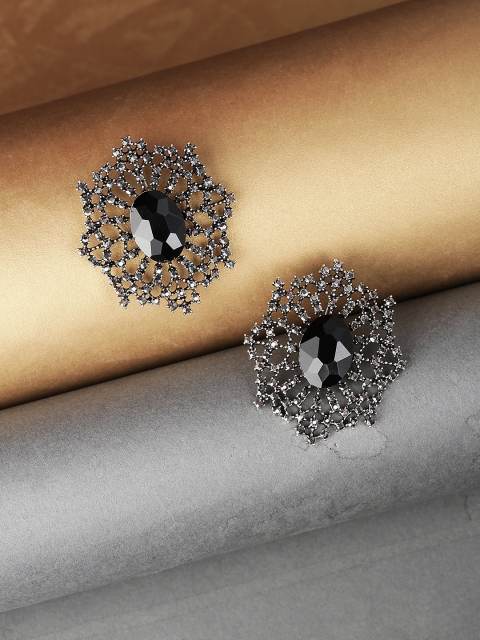 

PRITA Black Brass-Plated Stone-Studded Handcrafted Contemporary Drop Earrings