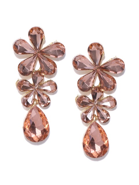 

Priyaasi Peach-Coloured Gold-Plated Stone-Studded Handcrafted Floral Drop Earrings