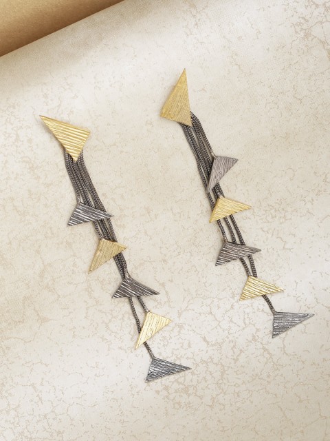 

Priyaasi Gunmetal-Toned Gold-Plated Handcrafted Tasselled Geometric Drop Earrings, Metallic