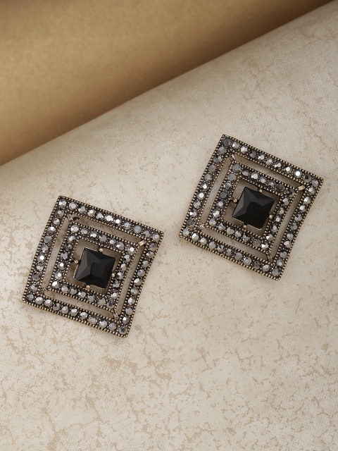 

PRITA Black Gold-Plated Stone Studded Handcrafted Geometric Drop Earrings
