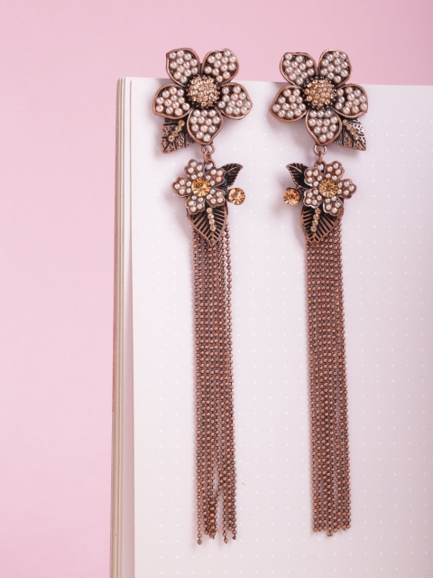 

PRITA Brown & Off-White Rose Gold-Plated Tasselled Handcrafted Floral Drop Earrings