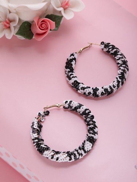 

PRITA White & Black Gold-Plated Sequinned Handcrafted Circular Hoop Earrings