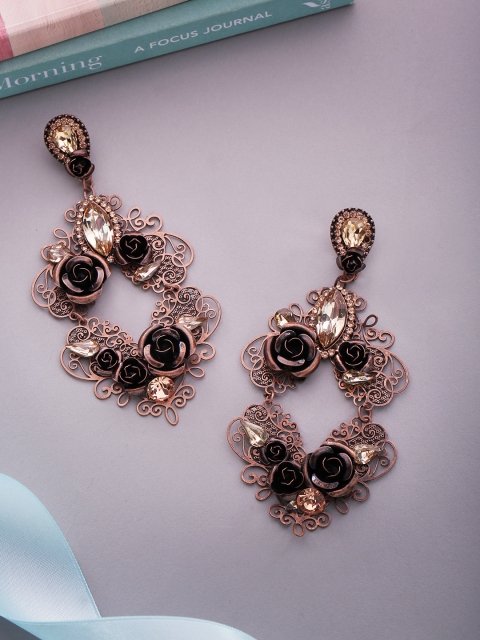 

Priyaasi Copper-Toned Rose Gold-Plated Handcrafted Stone-Studded Floral Drop Earrings