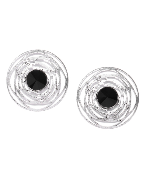 

PRITA Black Oxidised Silver-Plated Stone-Studded Circular Drop Earrings
