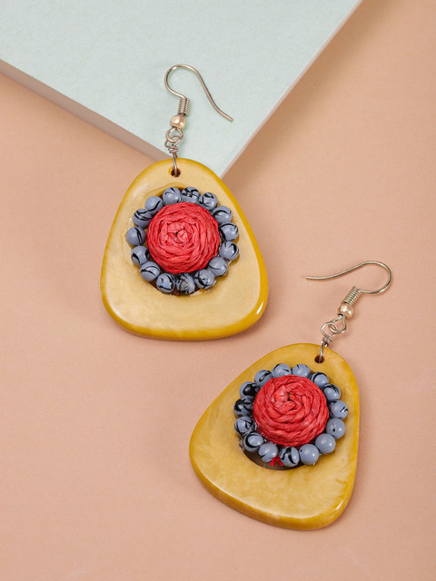 

PRITA Mustard Yellow & Coral Red Beaded Handcrafted Triangular Drop Earrings