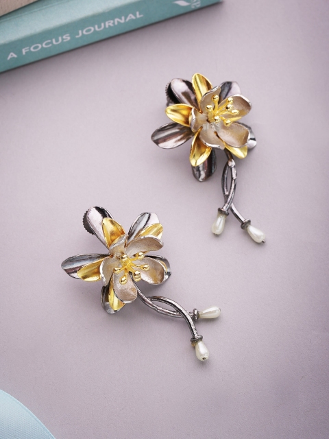 

Priyaasi Gunmetal-Toned Gold-Plated Handpainted Floral Drop Earrings