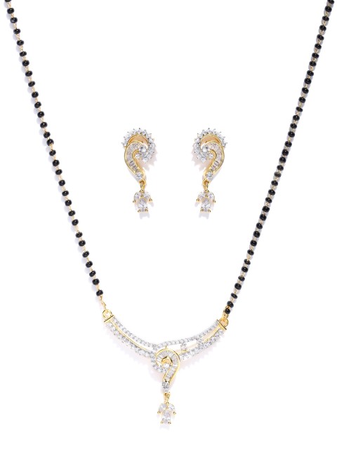 

Priyaasi Black Gold-Plated Beaded & AD Studded Mangalsutra & Earrings Set