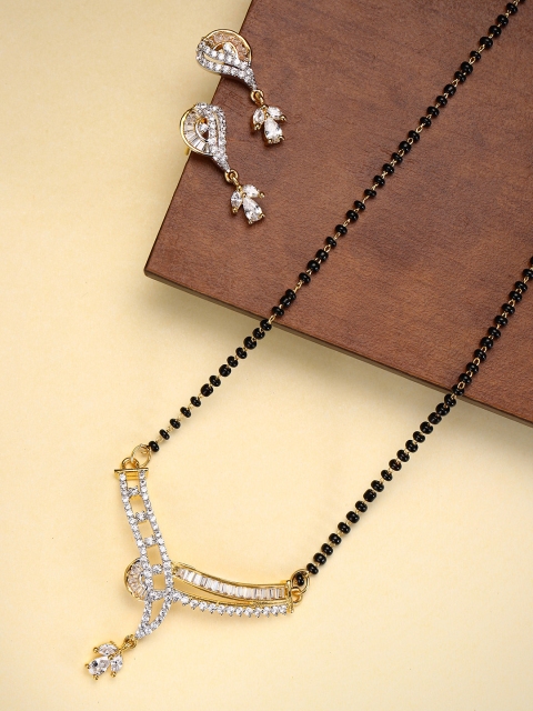 

Priyaasi Black Gold-Plated Beaded & AD Studded Mangalsutra & Earrings Set