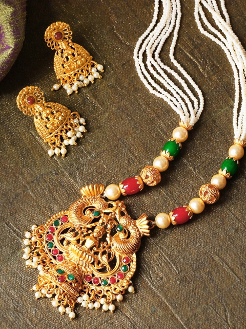 

Priyaasi Red & Green Gold-Plated Goddess Laxmi Stone-Studded Handcrafted Jewellery Set