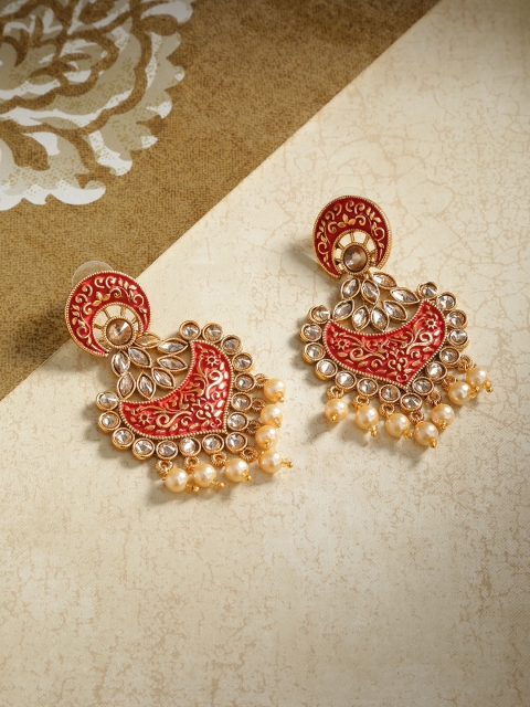 

Priyaasi Rust Red Antique Gold-Plated Kundan-Studded Handcrafted Classic Drop Earrings