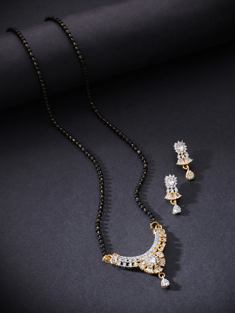 

Priyaasi Black Gold-Plated Beaded & AD Studded Mangalsutra & Earrings Set