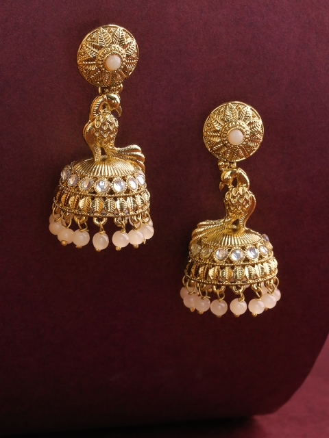 

Priyaasi Pink Antique Gold-Plated Stone-Studded Handcrafted Dome Shaped Jhumkas