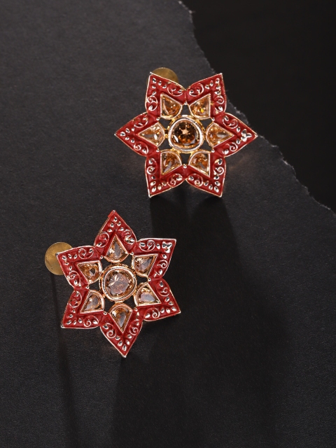 

Priyaasi Maroon Gold-Plated Stone Studded Handcrafted Meenakari Star Shaped Drop Earrings