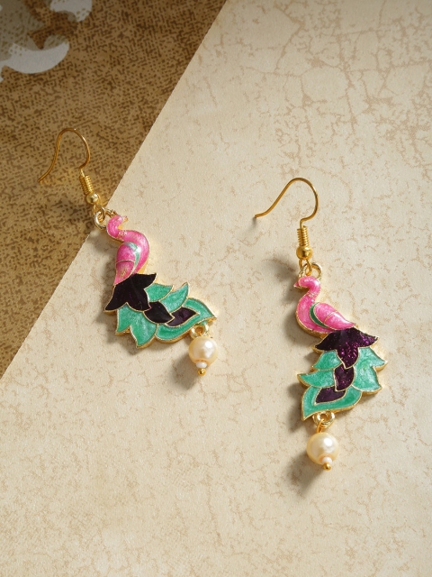 

Priyaasi Pink & Sea Green Gold-Plated Beaded Hand Painted Peacock Shaped Drop Earrings
