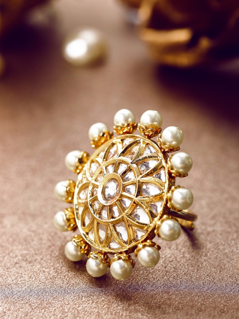 

Priyaasi White Gold-Plated Kundan Studded & Beaded Handcrafted Adjustable Finger Ring