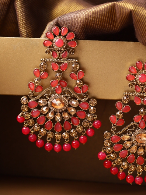

Priyaasi Red Gold-Plated Stone Studded & Beaded Handcrafted Classic Drop Earrings