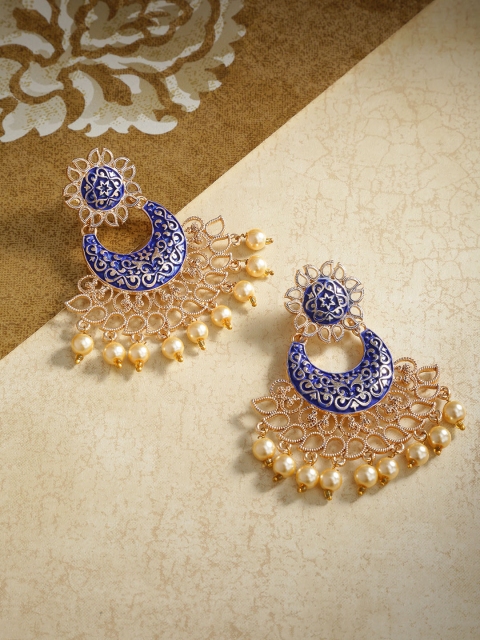 

Priyaasi Blue Gold-Plated Beaded Enamelled Handcrafted Crescent Shaped Chandbalis