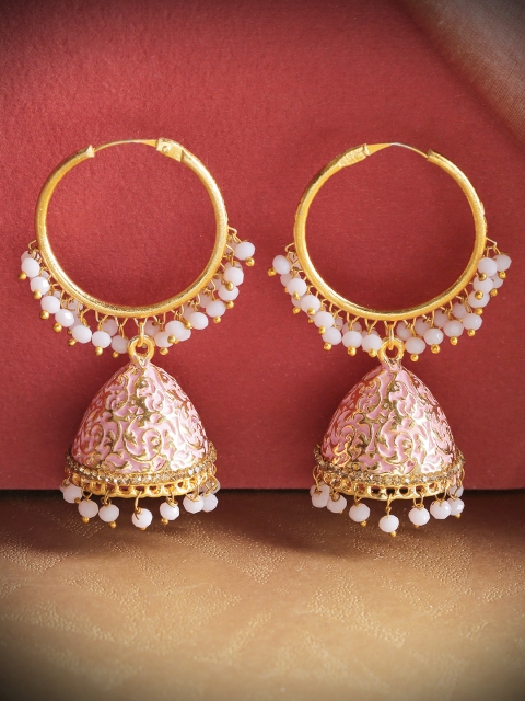 

Priyaasi Peach-Coloured & White Gold-Plated Enamelled Handcrafted Dome Shaped Jhumkas