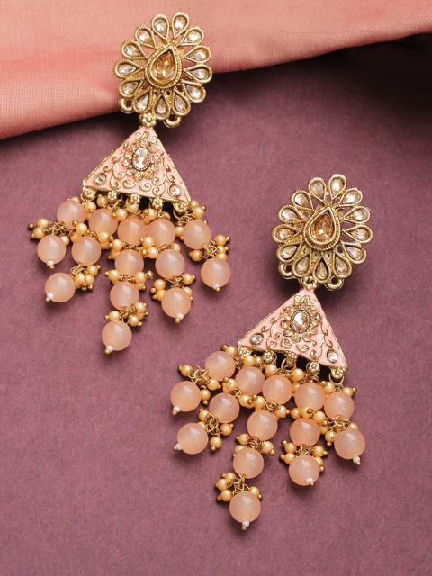 

Priyaasi Peach-Coloured Antique Gold-Plated Kundan-Studded Hand Painted Drop Earrings