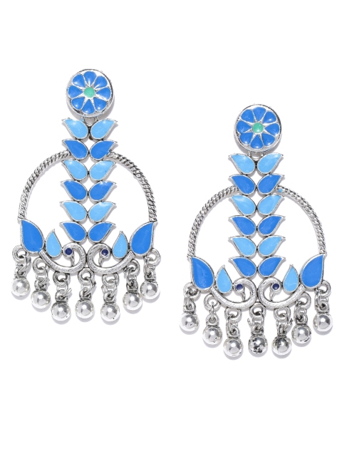 

Priyaasi Blue Silver-Plated Hand Painted Peacock Shaped Drop Earrings