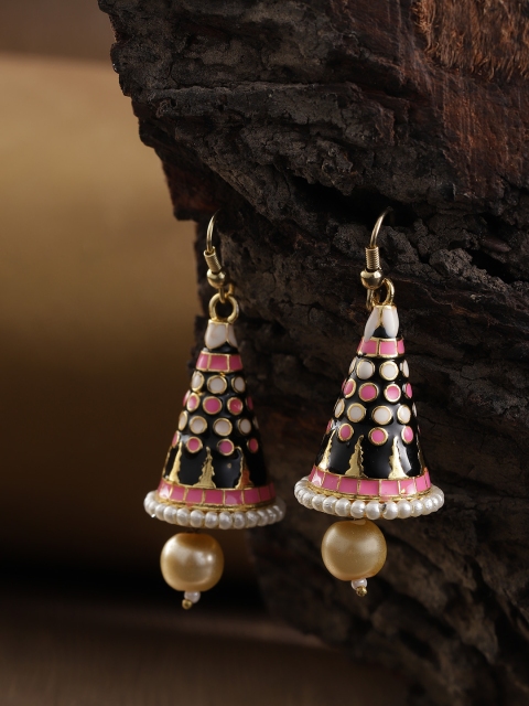 

Priyaasi Black & Pink Gold-Plated Beaded Hand Painted Cone Shaped Drop Earrings