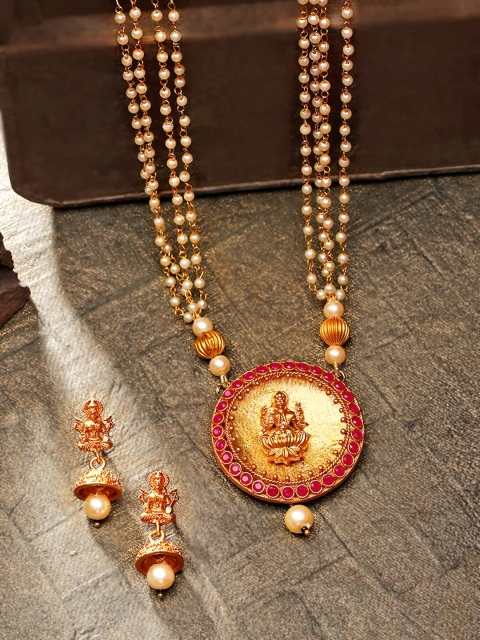 

Priyaasi Magenta Gold-Plated Goddess Laxmi Stone-Studded Handcrafted Jewellery Set