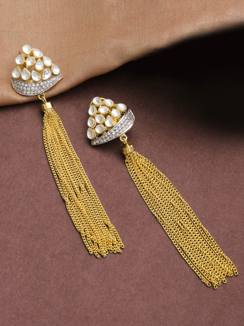 

Priyaasi Gold-Plated Kundan Studded Tasselled Handcrafted Contemporary Drop Earrings