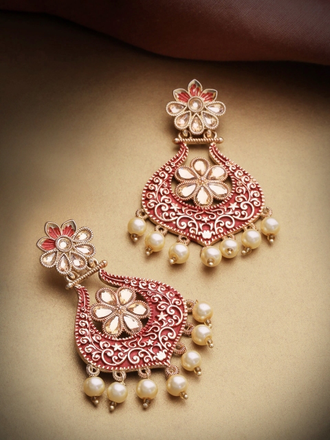 

Priyaasi Maroon Gold-Plated Kundan Studded Hand Painted Classic Drop Earrings