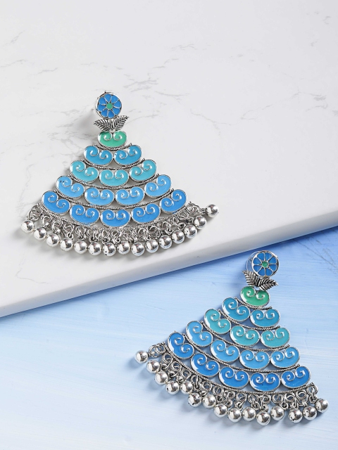 

Priyaasi Blue Oxidised Silver-Plated Hand Painted Triangular Drop Earrings