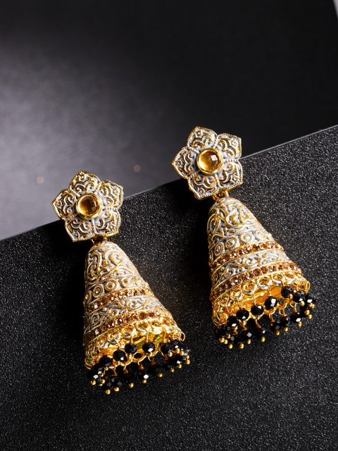 

Priyaasi Blue Gold-Plated Stone-Studded & Beaded Hand Painted Dome Shaped Jhumkas