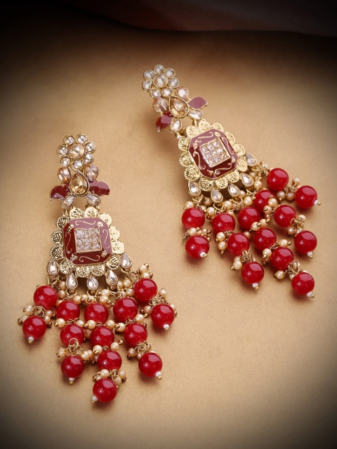 

Priyaasi Maroon Antique Gold-Plated Kundan-Studded Handcrafted Classic Drop Earrings